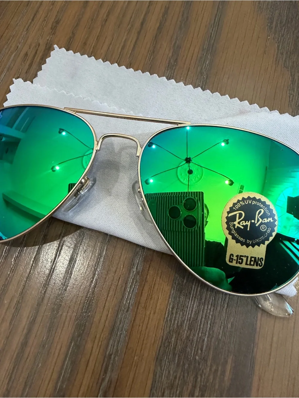 Ray-Ban Gold Frame Aviator Sunglasses with Green Mirrored Lenses